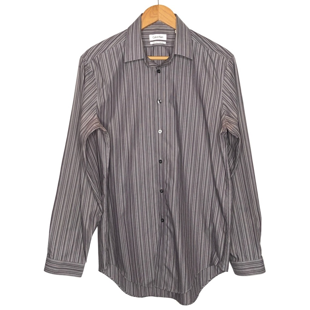 Calvin Klein Gray Striped Cotton Dress Shirt Neck 15.5
